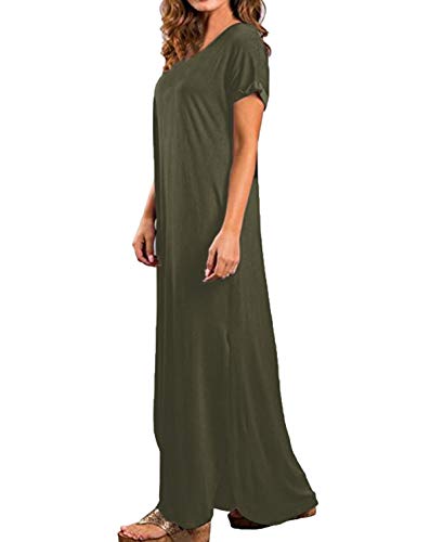 Kidsform Vestidos Largos Mujer Manga Corta Cuello en V Vestidos de Fiesta Chic Vestito con Bolsillos Elegante y Encantador K-Verde Militar 2XL