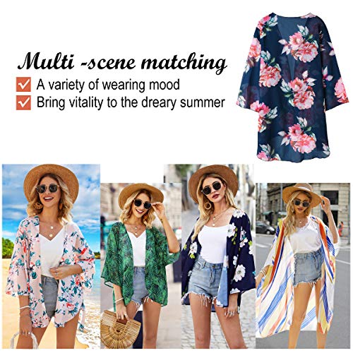 Kimono Cardigan Mjuer - Cardigan Floral Mujer, Camisolas y Pareos Pareo Playa Chal Kimono Cover Up Manga 3/4 Loose Floral (Lago Azul, S)