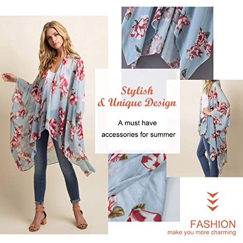 Kimono para Mujer - Cárdigan Largo Kimono, Floral Mujeres Kimono Dormir Bata Verano Satén Suave y Ligero (Azul Claro, L)