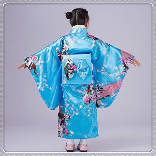 KRUIHAN Niños Yukata Vendimia Estilo Japones - Niña Kimono Tradicional Ropa Seda Tela Túnica Desgaste Boda Partido Actuación Vestido Azul 120CM