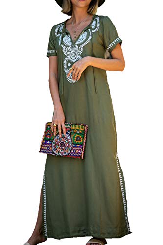 L-Peach Kaftan Vestido Largo de Playa para Mujer, Verde Militar Bordado, Talla Ãºnica