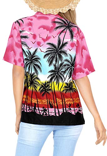 LA LEELA botón Camisa Hawaiana Blusa Playa Mujeres Cuello Manga Corta árboles Palma impresión del Traje de baño Partido S-ES Tamaño-42-44 Rosa_W964