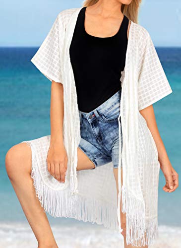 LA LEELA Mujeres Algodón Praia de Encaje Corto Kimono Cardigan Ganchillo de La Vendimia Borlas Mini Vestido Exóticas Protector Solar Ropa de Playa Ghosts Blanco_M432