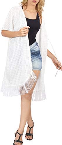 LA LEELA Mujeres Algodón Praia de Encaje Corto Kimono Cardigan Ganchillo de La Vendimia Borlas Mini Vestido Exóticas Protector Solar Ropa de Playa Ghosts Blanco_M432