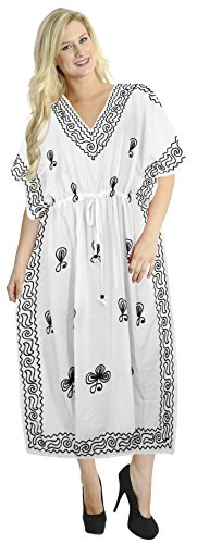 LA LEELA Mujeres caftán Rayón túnica Bordado Kimono Libre tamaño Largo Maxi Vestido de Fiesta para Loungewear Vacaciones Ropa de Dormir Playa Todos los días Cubrir Vestidos Ghosts Blanco_P274