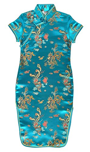 Laciteinterdite Vestido Chino para niña, Qipao tradicionale Turquesa Motivo Dragones 8 años