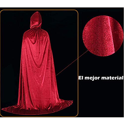 Larga Capa de Vampiro Diablo de Terciopelo con Capucha para Disfraz de Fiesta Halloween y Carnaval,Talla Unica,para Adulto Mujeres Hombres (roja)