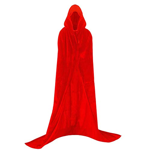 Larga Capa de Vampiro Diablo de Terciopelo con Capucha para Disfraz de Fiesta Halloween y Carnaval,Talla Unica,para Adulto Mujeres Hombres (roja)