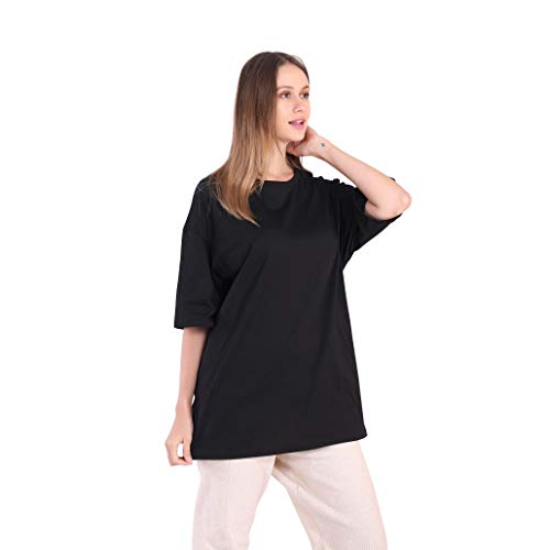 Largas Camisetas Mujer Verano Moda Blanco Negro Algodón Basicas Anchas Túnica Camisas Tops Tallas Grandes Oversize (Negro, L)