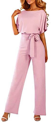 Largos Elegante Verano Tallas Grandes Mono de Manga Corta señoras Jumpsuit Monos Mujer Fiesta Playsuits con Cinturón de Lazo Clubwear Monos (Rosado,L)