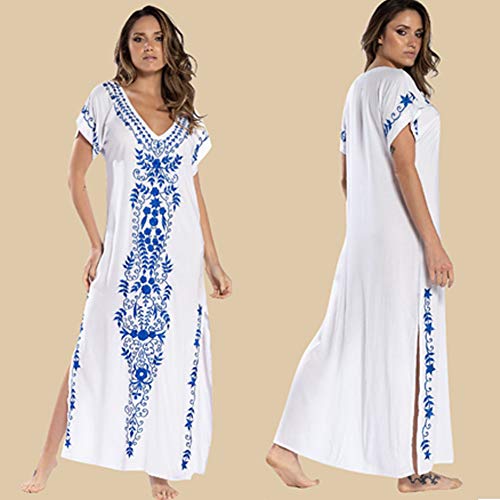 Lazz1on Kaftan Vestido Largo de Playa Mujer Largo Túnica Pareo Bikini Cover Up Boho Traje de Baño Blusa (Blanco)