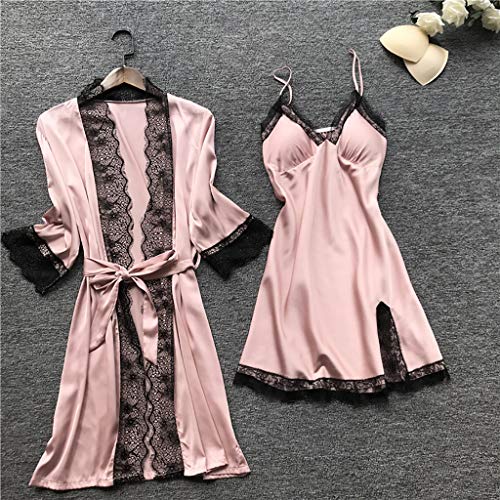 Lencería de Encaje Mujer Set Vestido de Seda Babydoll Ropa de Dormir Camisón 4 Conjuntos de Pijamas de Seda Sexy Todo el año Bata de baño Seda Artificial