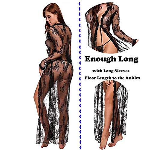 Lenceria para Mujeres 2019 Nuevo SHOBDW Pareos Casual Color Sólido Cover Up Transparentes Sexy Pijamas Encaje Vestido Largo Cardigans Mujer Kimono(Negro,M)