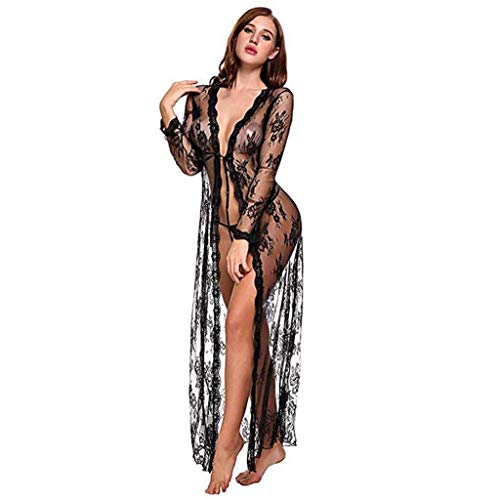 Lenceria para Mujeres 2019 Nuevo SHOBDW Pareos Casual Color Sólido Cover Up Transparentes Sexy Pijamas Encaje Vestido Largo Cardigans Mujer Kimono(Negro,M)