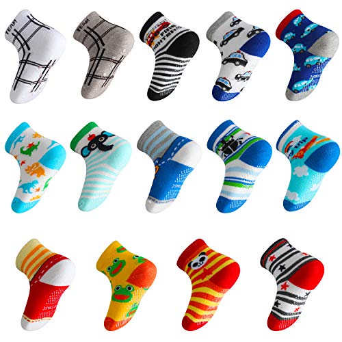 Lictin Calcetines Antideslizantes para Niños-14 Pares Calcetines de Algodón para Bebés Unisex Calcetines Antideslizantes para Niños Diseño Unico Unisex para Bebés de 2-3 Años