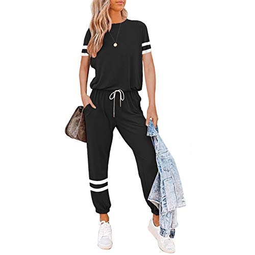 Litthing Conjunto Chándal de Mujer Chandal Completo 2 Piezas Deporta Ropa de Manga Corta y Pantalones Mujer Casual para Yoga Set Suave y Cómodo (Negro, L)