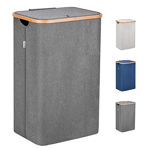 Lonbet® - Cesto Ropa Sucia con Tapa Gris - XXL 100 litros - Cubo Ropa Sucia Grande con Asas - Cesto para la Colada - Cesto Ropa Sucia de Bambú