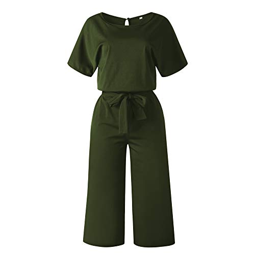 Longwu Mujeres Casual Elegante Cintura Alta Mono de Manga Corta Pantalones de Pierna Ancha Ocasionales Mamelucos Sueltos con cinturón Ejercito Verde-XL