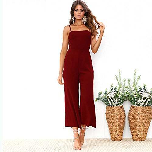 Longwu Mujeres sin Tirantes de la Correa de Espagueti Jumpsuit Moda de Pierna Ancha Pantalones de Cintura Alta Rompers Vino Rojo-M