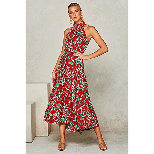 Longwu Vestido Largo Estampado Floral sin Mangas con Cuello Halter sin Mangas para Mujer Vestido Largo Plisado con cinturón Rojo-M