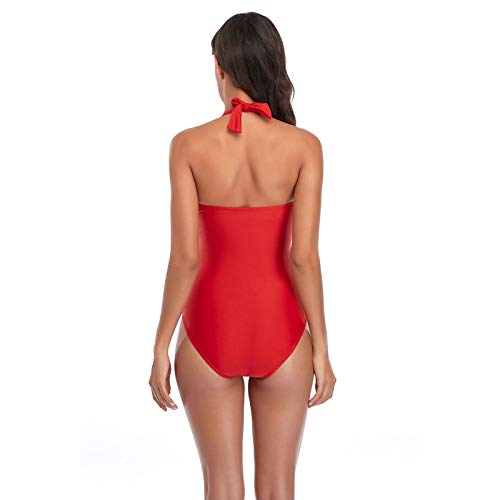 LQIQI Trajes De Baño De Una Pieza para Mujer Traje De Baño con Control De Barriga Trajes De Baño con Pliegues Y Empuje hacia Arriba Color Sólido Deep V Bañador Tirantes,Rojo,M