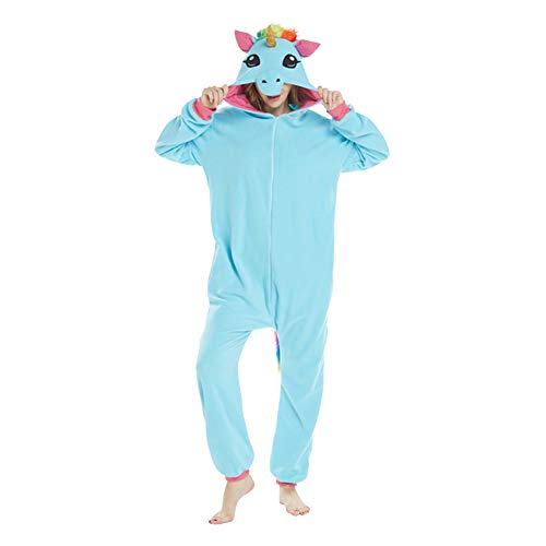 LSERVER Ropa de Dormir Disfraz de Cosplay para Adultos Traje de Unisexo Pijama de Forro Polar de Otoño e Invierno Estilo de Animales, Caballo Azul, S