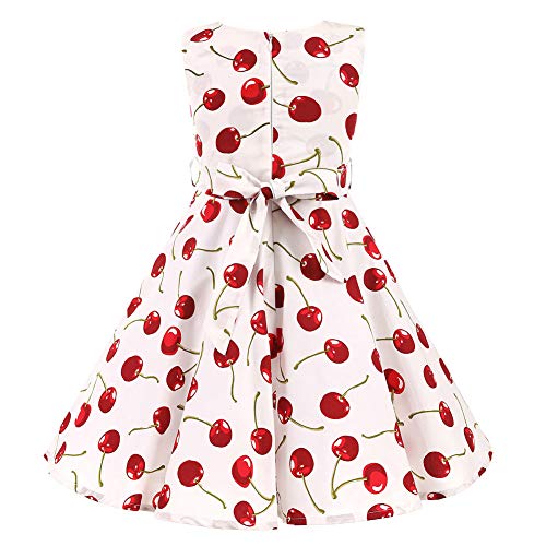 LSHEL Vestido de Noche con Estampado Vintage para niñas de los años 50 Estilo Vestido Rockabilly Vestido Plisado Retro, Blanco con Cereza, 5-6 años de Edad