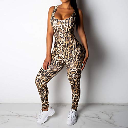 Luckycat Mono Yoga Mujer Peto Tirantes Sin Espalda con Bolsillos Body sin Mangas para Mujer Diseño Estampado De Leopardo Sexy Mujer Body sin Mangas