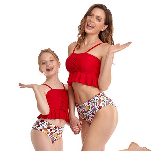 Madre e Hija Lindo Traje de Baño Dos Piezas,Conjunto de Bikini con Volantes y Espalda Abierta de Cintura Alta,Ropa de Baño a Juego para la Familia Mamá Niña Bañadores de Mujer de Verano Playa