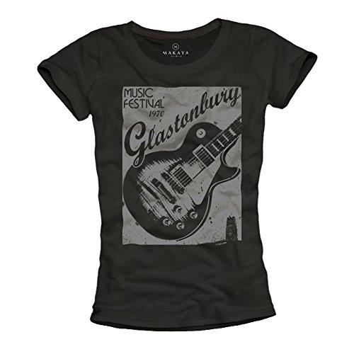 MAKAYA Glastonbury - Camisetas Hippies con Guitarra para Mujer - Negras M