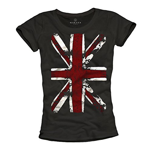 MAKAYA Union Jack - Camiseta con Bandera de Inglaterra para Mujer - Negra L