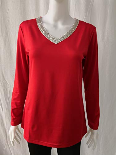 Manches Longues Hauts Épissage Mode Sequins V Cou T Shirts Vêtements de Fiesta Femmes Printemps Automne Taille Plus Essential Simple Loisirs De Base T Shirt Top ( Color : Winered , One Size : S )