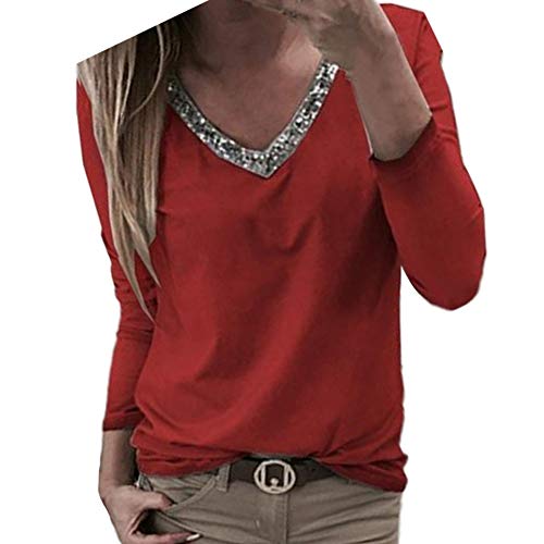 Manches Longues Hauts Épissage Mode Sequins V Cou T Shirts Vêtements de Fiesta Femmes Printemps Automne Taille Plus Essential Simple Loisirs De Base T Shirt Top ( Color : Winered , One Size : S )