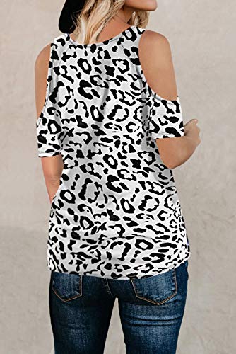 Manga Corta Aberturas Hombros al Descubiertos Aire Leopardo Lazo Delantera Camiseta Playera Blusón Blusa Camisa Top Blanco XL