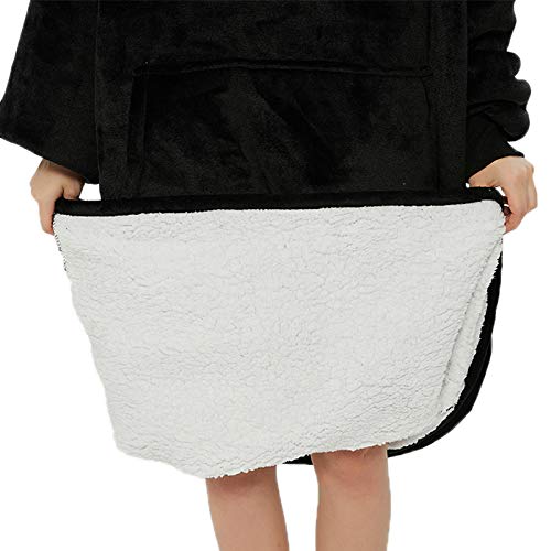 Manta con capucha para acurrucar, manta larga de gran tamaño con forro polar sherpa suave, bolsillos, túnica gruesa gigante con capucha, manta para televisión, pijama para adultos y hombres (negro)