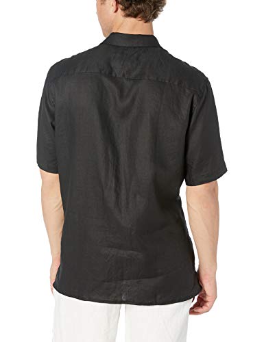 Marca Amazon - 28 Palms – Camisa guayabera bordada de manga corta de corte holgado de lino 100 % para hombre , Negro, US M (EU M)