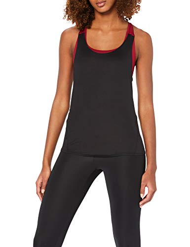 Marca Amazon - AURIQUE Camiseta Deportiva de Doble Capa Mujer, Negro (Black/Rumba Red), 38, Label:S