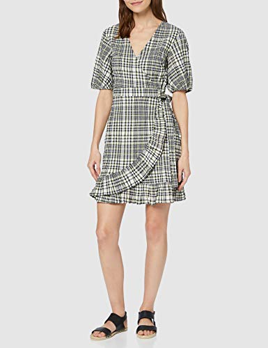 Marca Amazon - find. Vestido Corto Cruzado de Algodón Mujer, Negro (Negro Amarillo Check), 36, Label: XS