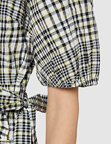 Marca Amazon - find. Vestido Corto Cruzado de Algodón Mujer, Negro (Negro Amarillo Check), 36, Label: XS