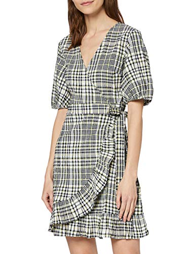 Marca Amazon - find. Vestido Corto Cruzado de Algodón Mujer, Negro (Negro Amarillo Check), 46, Label: XXL