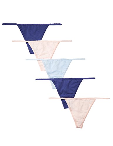 Marca Amazon - IRIS & LILLY Tanga de Hilo de Algodón Mujer, Pack de 5, Multicolor (Twilight Blue/pearl/cashmere Blue), S, Label: S