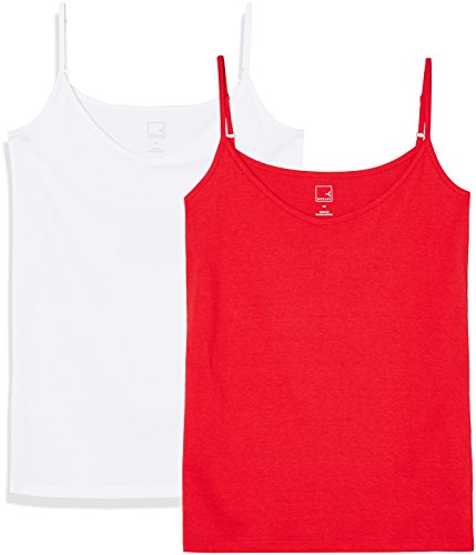 Marca Amazon - MERAKI Camiseta Mujer de Tirantes, Pack de 2, Rojo (Racing Red/white), 40, Label: M