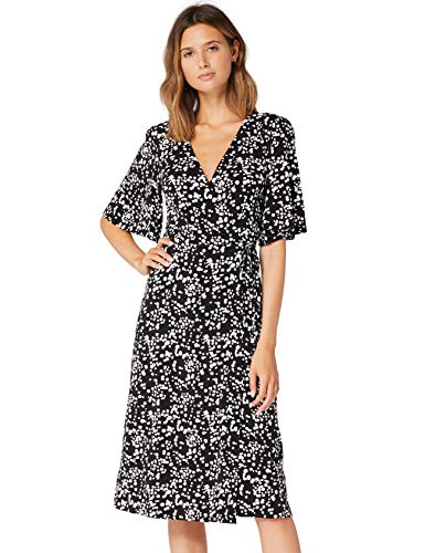 Marca Amazon - TRUTH & FABLE Vestido Midi Evasé de Punto Mujer, Multicolor (Black/White Spot), 42, Label: L