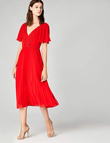 Marca Amazon - TRUTH & FABLE Vestido Plisado con Manga de Vuelo Mujer, Rojo (Red Red), 44, Label: XL