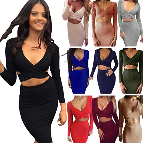 MERCIY Vestido sexy para mujer, cuello en V, manga larga, Bodycon vestido ceñido, largo hasta la rodilla Negro M