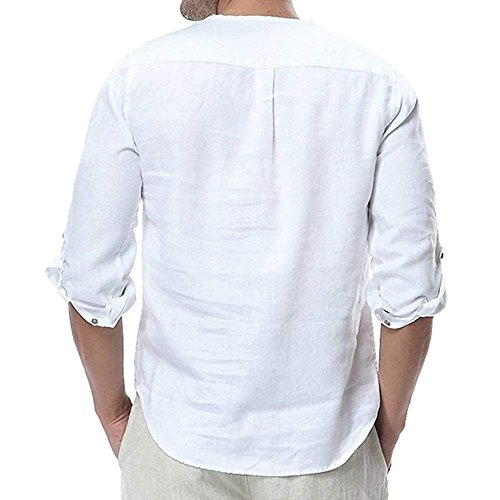 Minetom Camisa Hombre Cuello Mao Lino Blusa Manga 3/4 Camisas Top Sin Cuello De Color Sólido Blusas Suelta Camisas De Trabajo Suave Cómodo Transpirable A Blanco Large