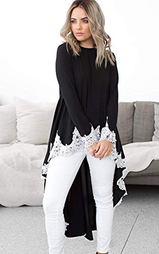 Minetom Mujer Blusa Camisa Vestido Elegante Cuello Redondo Hoja De Loto Manga Larga Encaje Patchwork Túnico Irregular Hem Alta Baja Camiseta A Negro ES 40