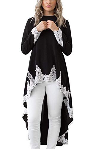 Minetom Mujer Blusa Camisa Vestido Elegante Cuello Redondo Hoja De Loto Manga Larga Encaje Patchwork Túnico Irregular Hem Alta Baja Camiseta A Negro ES 40