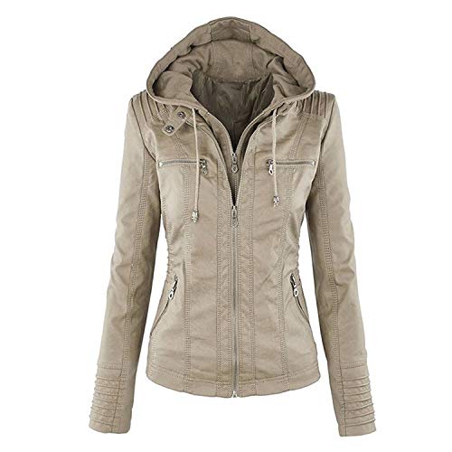 Minetom Mujer Invierno Cremallera Jackets Chaquetas Deportiva Cuero Moto Cazadoras Imitacion Piel Biker Abrigos con Capucha Caqui ES 46