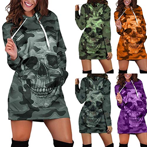 Minetom Mujer Sudaderas con Capucha Largas Casual Manga Larga Blusas Hoodies Estampado de Leopardo Camuflaje Calavera Impresión Otoño Invierno Mini Vestido B Naranja 36